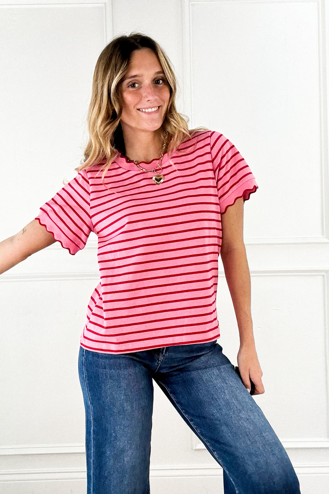 Playful Contrast Stripe Lettuce Edge Tee