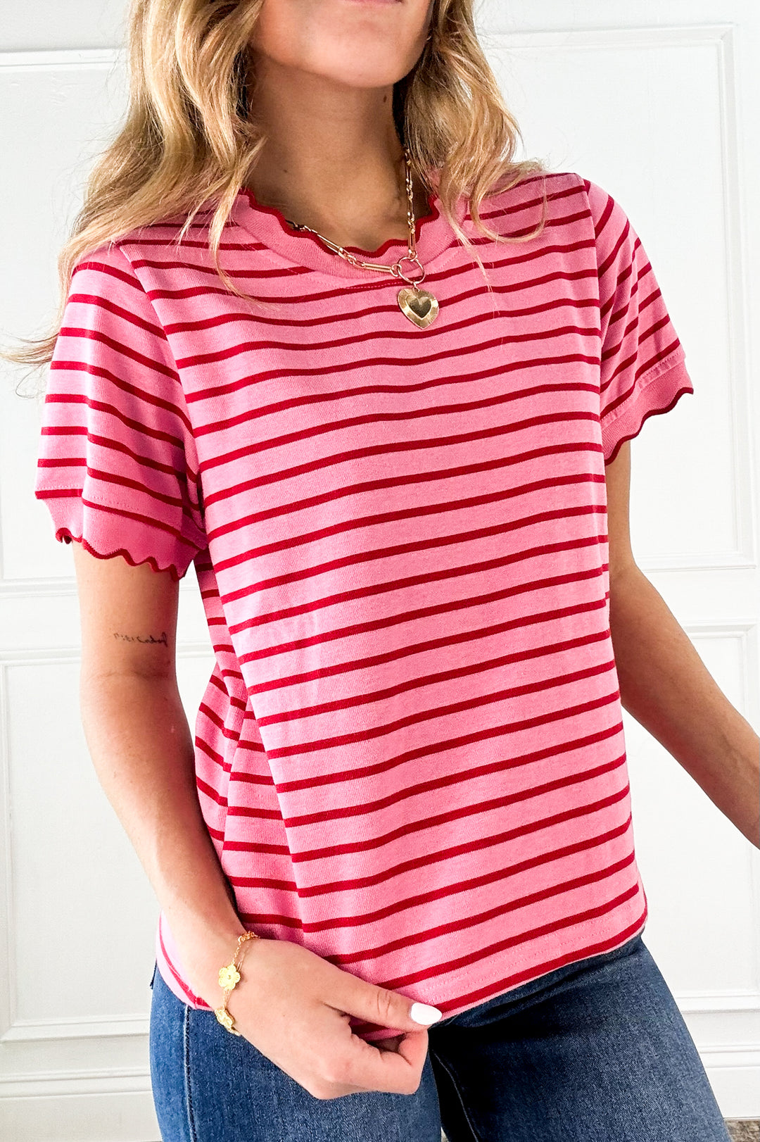 Playful Contrast Stripe Lettuce Edge Tee