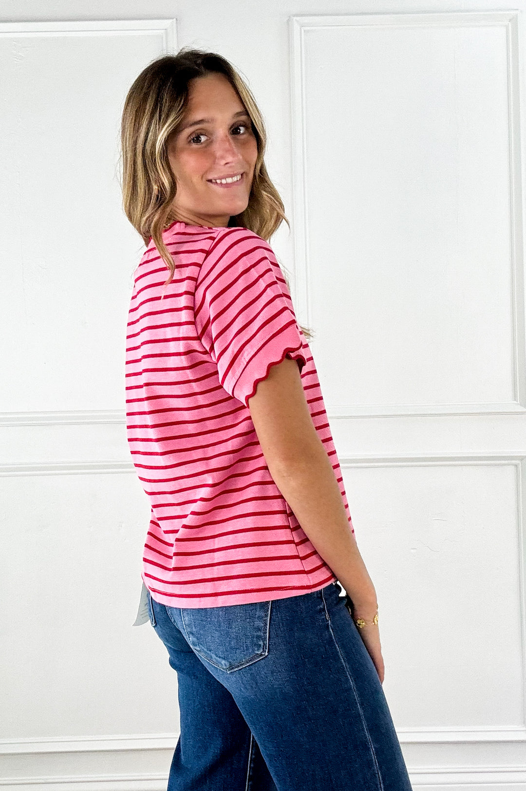 Playful Contrast Stripe Lettuce Edge Tee