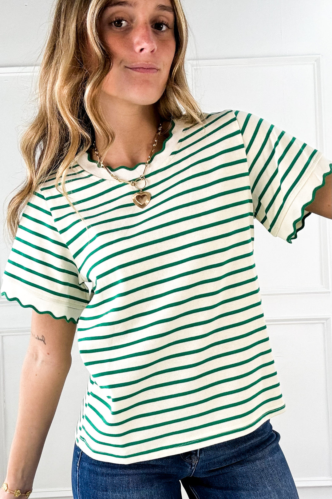 Playful Contrast Stripe Lettuce Edge Tee