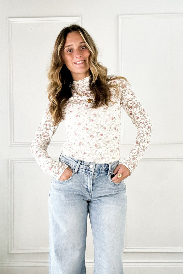 Blushing Bloom Lace Mock Neck Top