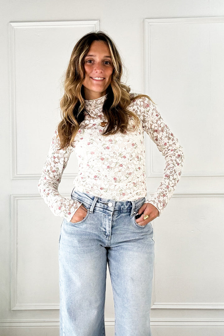 Blushing Bloom Lace Mock Neck Top