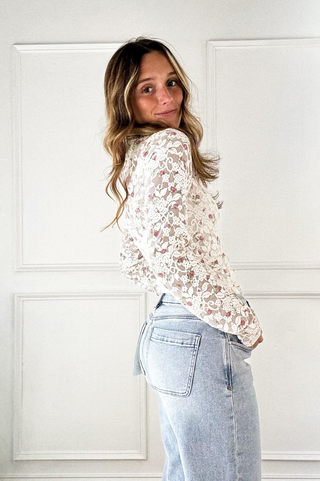 Blushing Bloom Lace Mock Neck Top