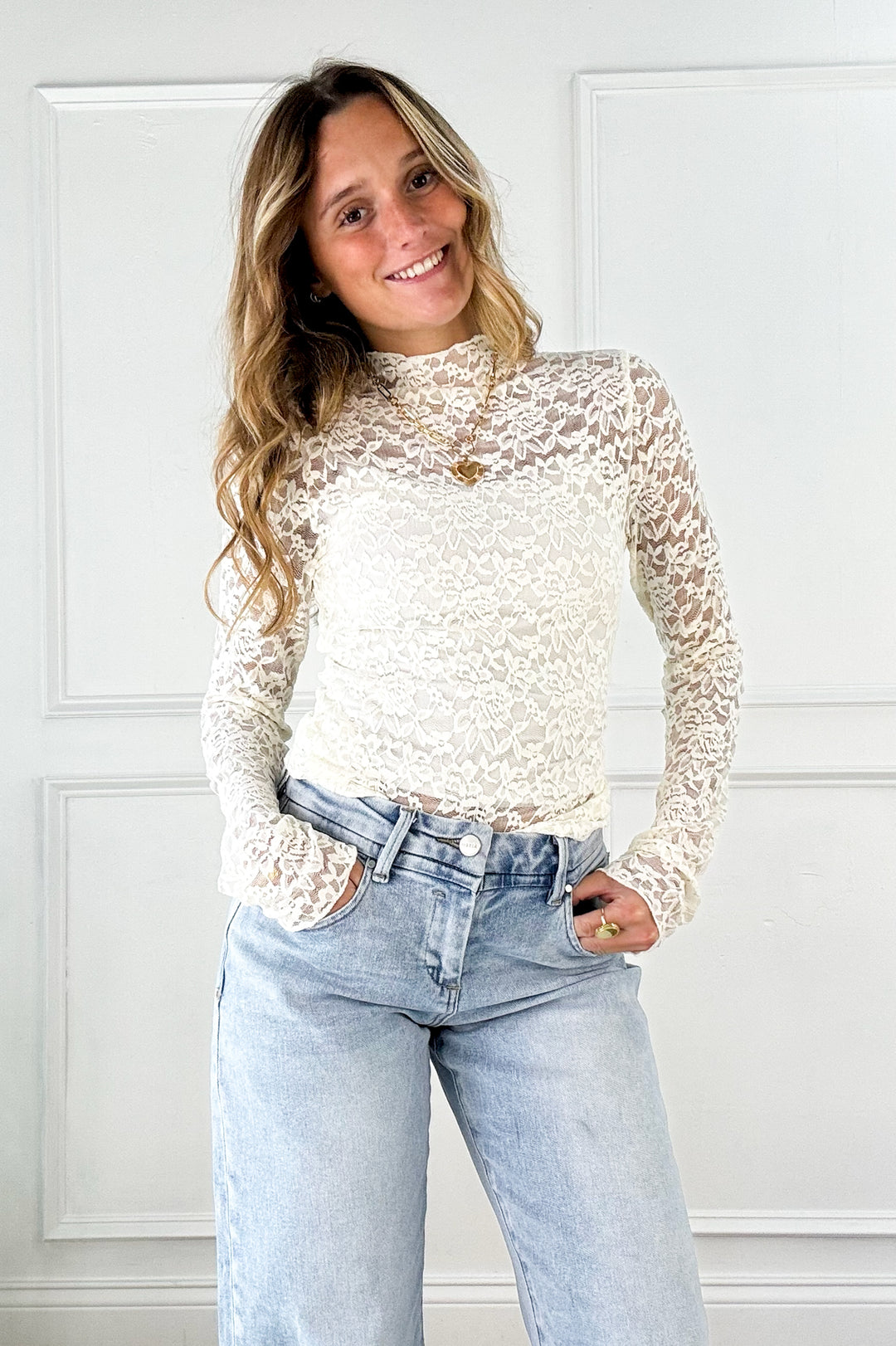 Ivory Lace Mock Neck Top