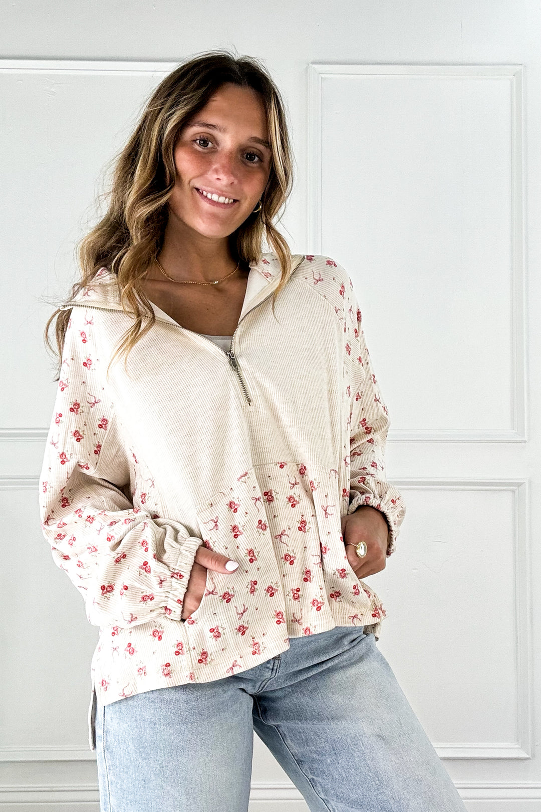 Half Zip Floral Pullover
