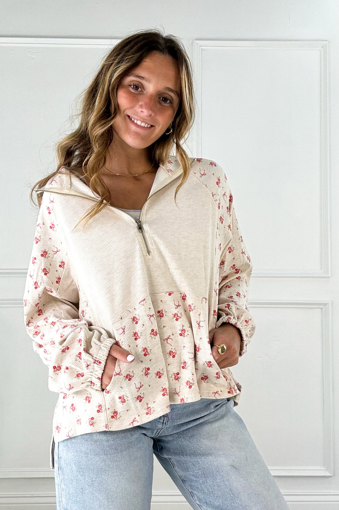Half Zip Floral Pullover