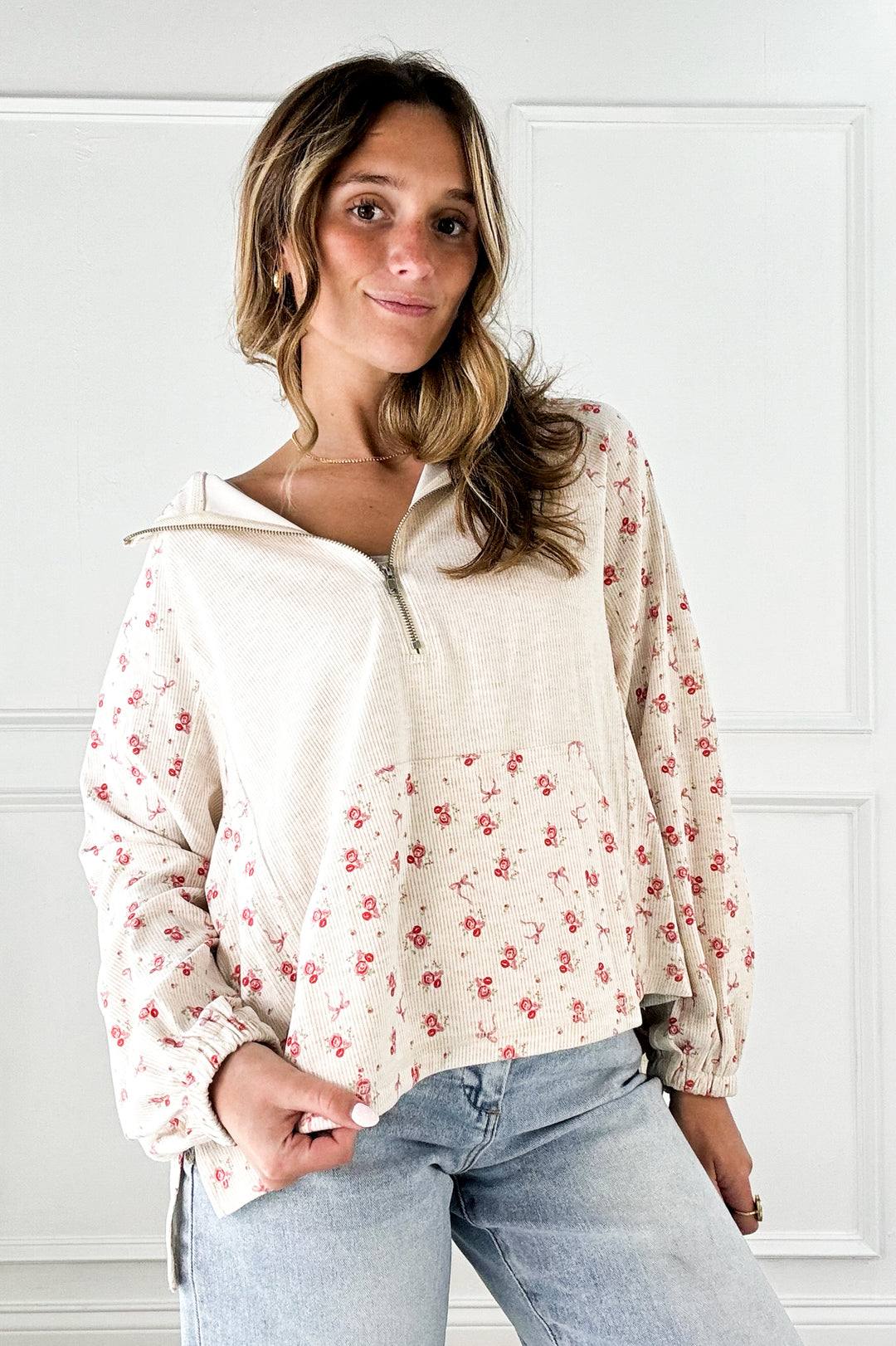 Half Zip Floral Pullover