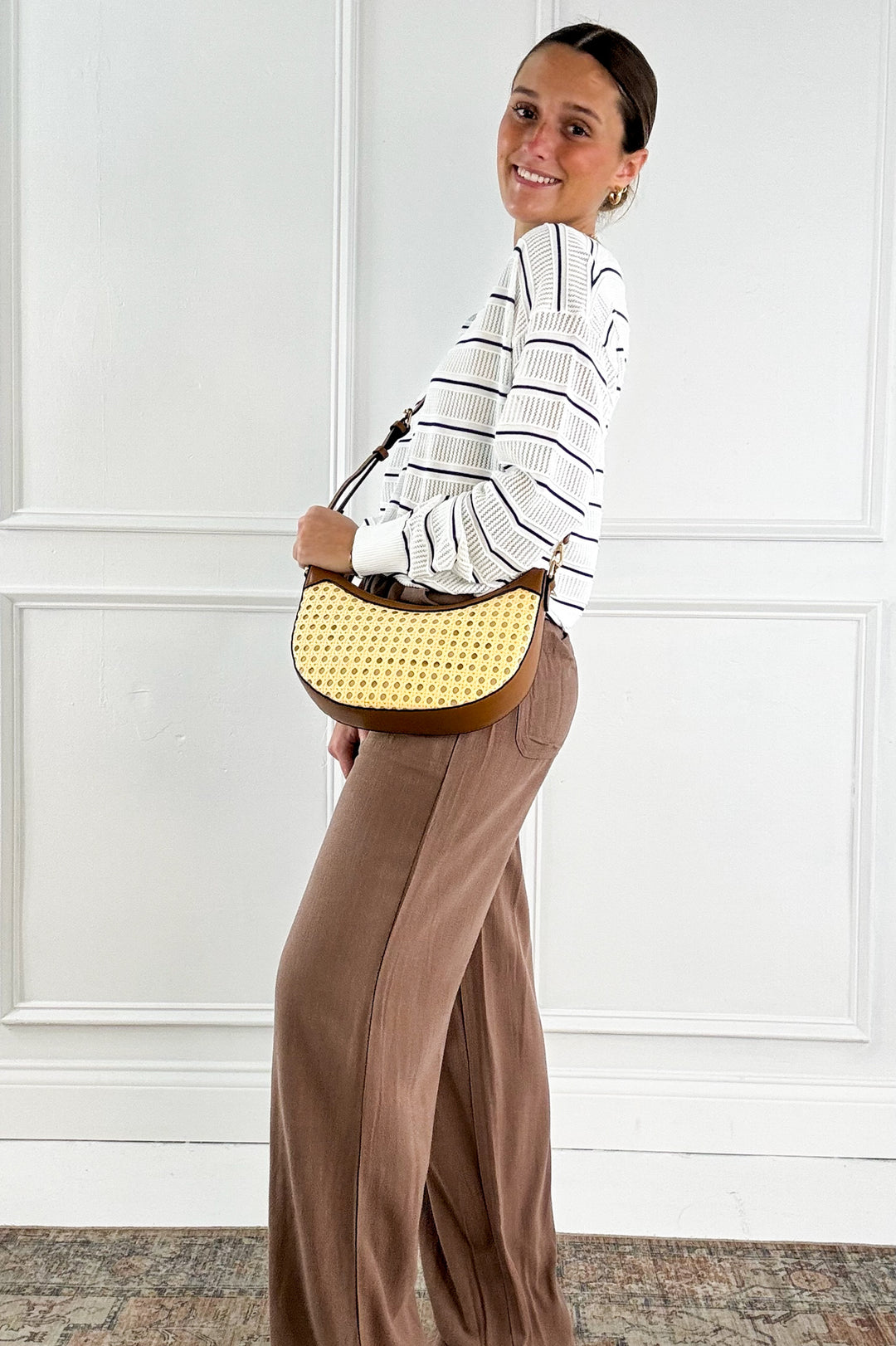 Open Weave Pointelle Striped Crewneck Sweater