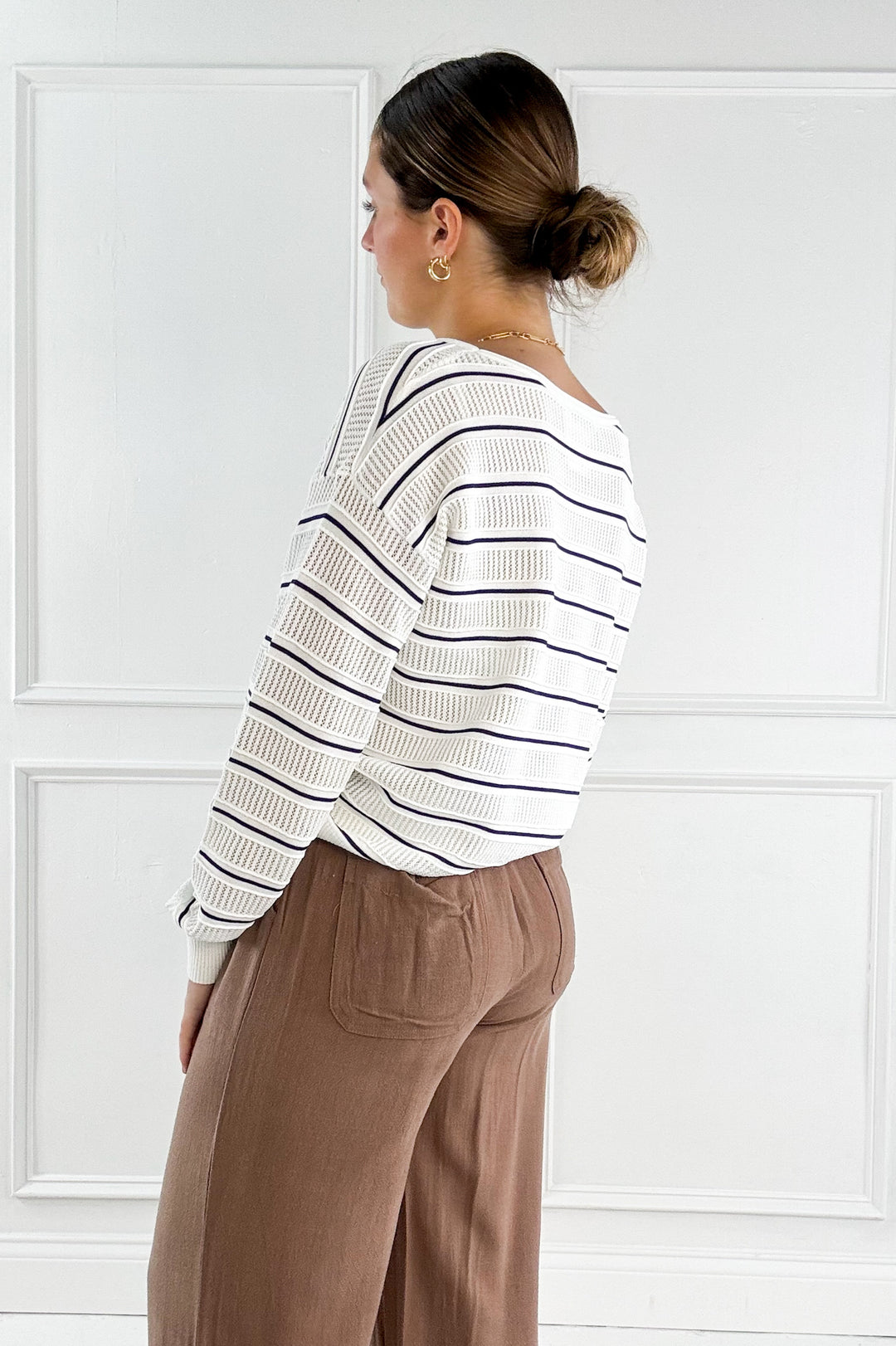 Open Weave Pointelle Striped Crewneck Sweater