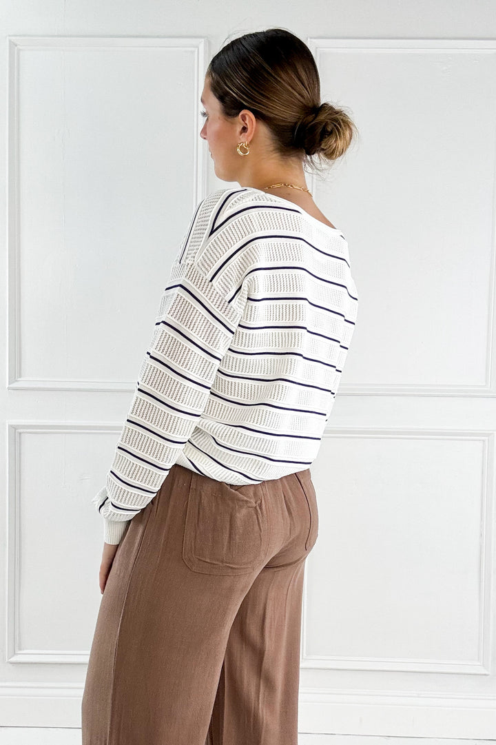 Open Weave Pointelle Striped Crewneck Sweater