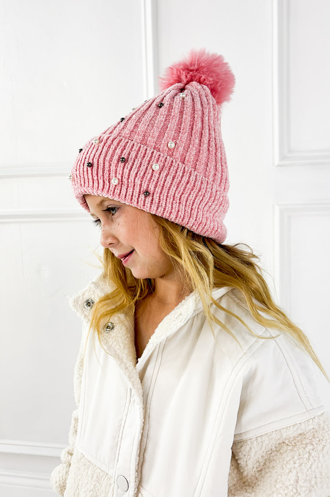 Pearl Pom Fur Kids Beanie