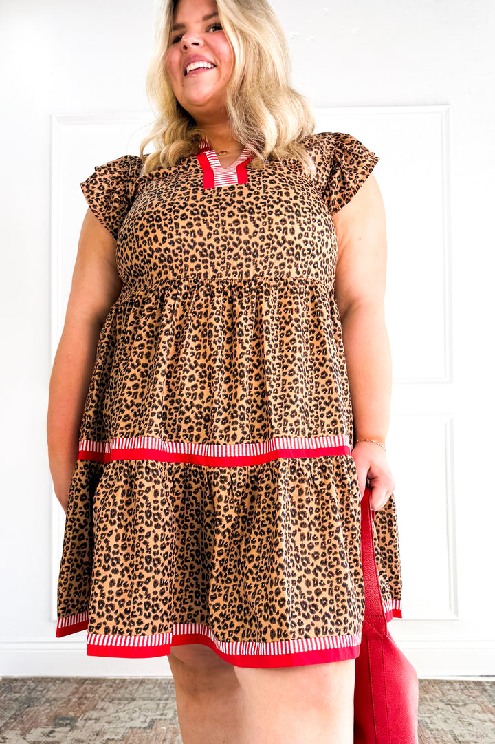Curvy Leopard Tiered Dress with Contrast Stripe Detail