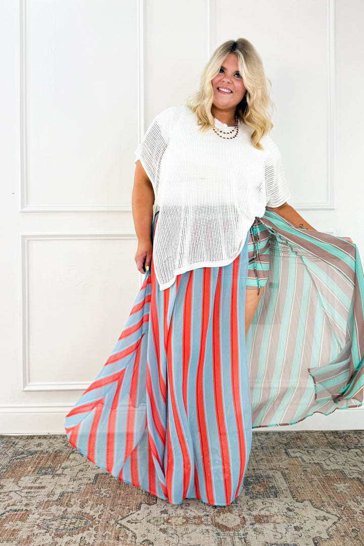 Curvy Coastal Stripe Drawstring Maxi Skirt