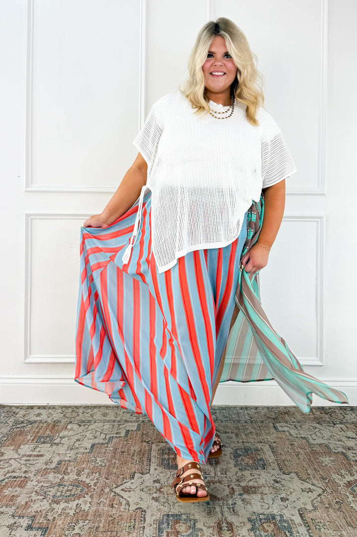 Curvy Coastal Stripe Drawstring Maxi Skirt