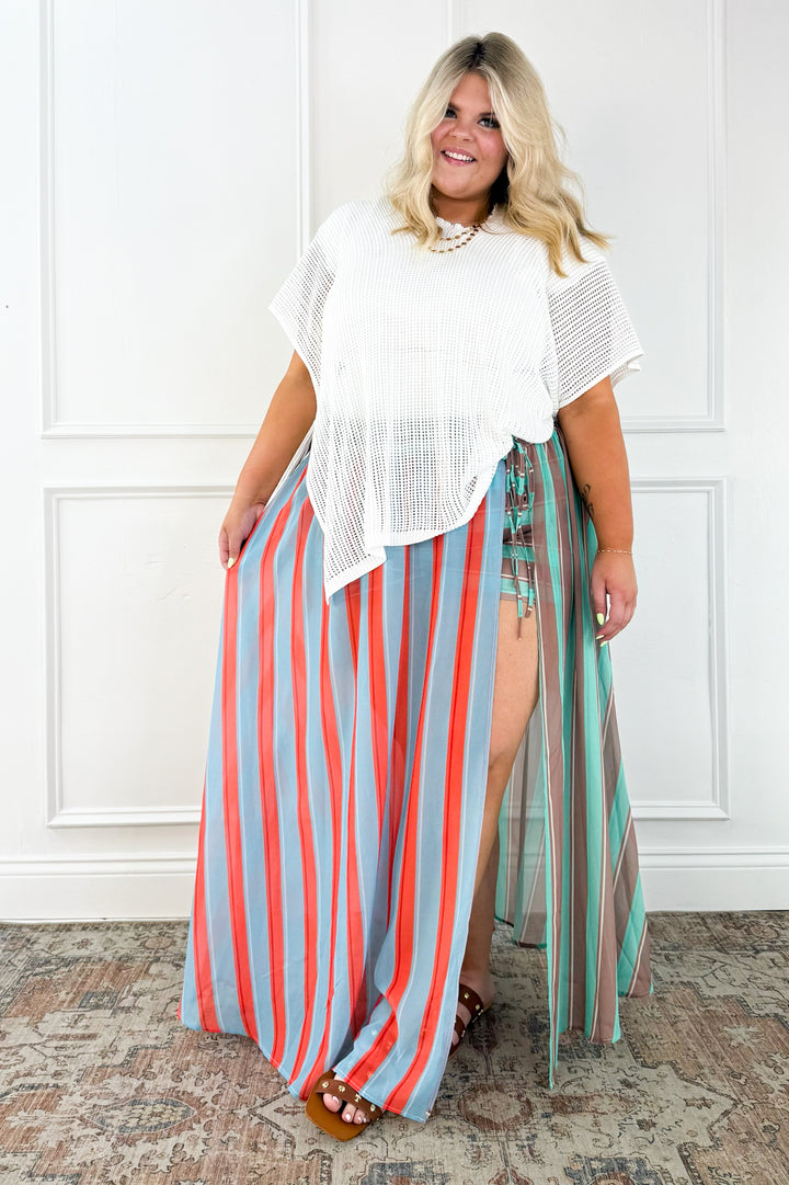 Curvy Coastal Stripe Drawstring Maxi Skirt