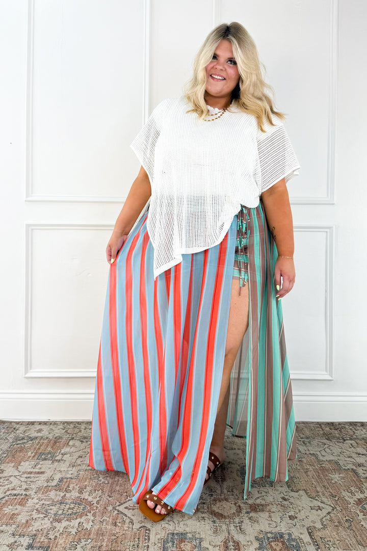 Curvy Coastal Stripe Drawstring Maxi Skirt