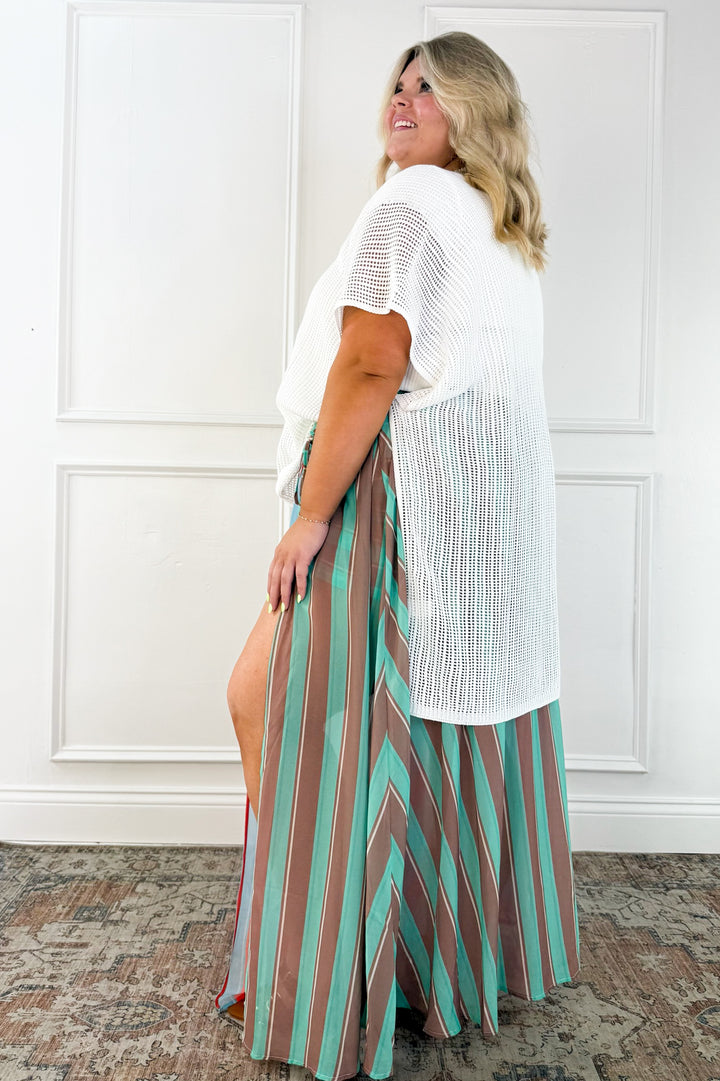 Curvy Coastal Stripe Drawstring Maxi Skirt