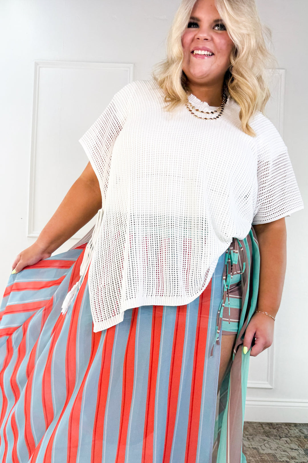 Curvy Coastal Stripe Drawstring Maxi Skirt