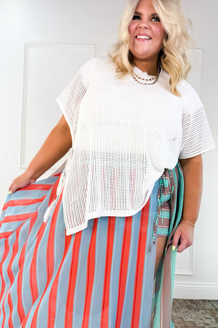 Curvy Coastal Stripe Drawstring Maxi Skirt
