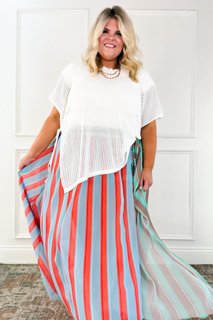 Curvy Coastal Stripe Drawstring Maxi Skirt
