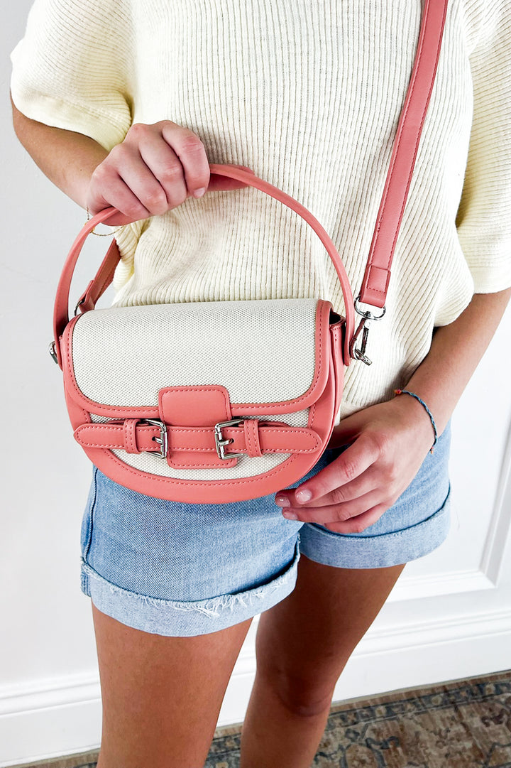 Buckle Décor Top Handle Canvas Crossbody Bag