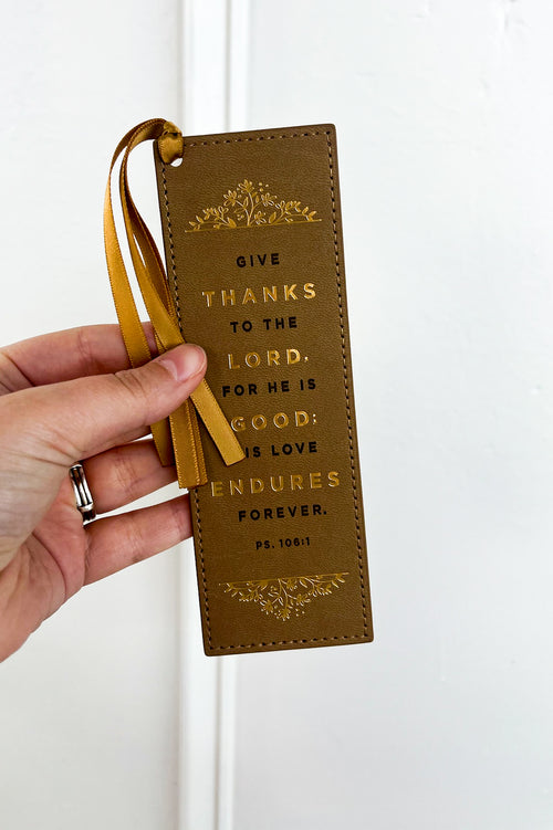 Bookmark Faux Leather Butterscotch Give Thanks Ps. 107:1