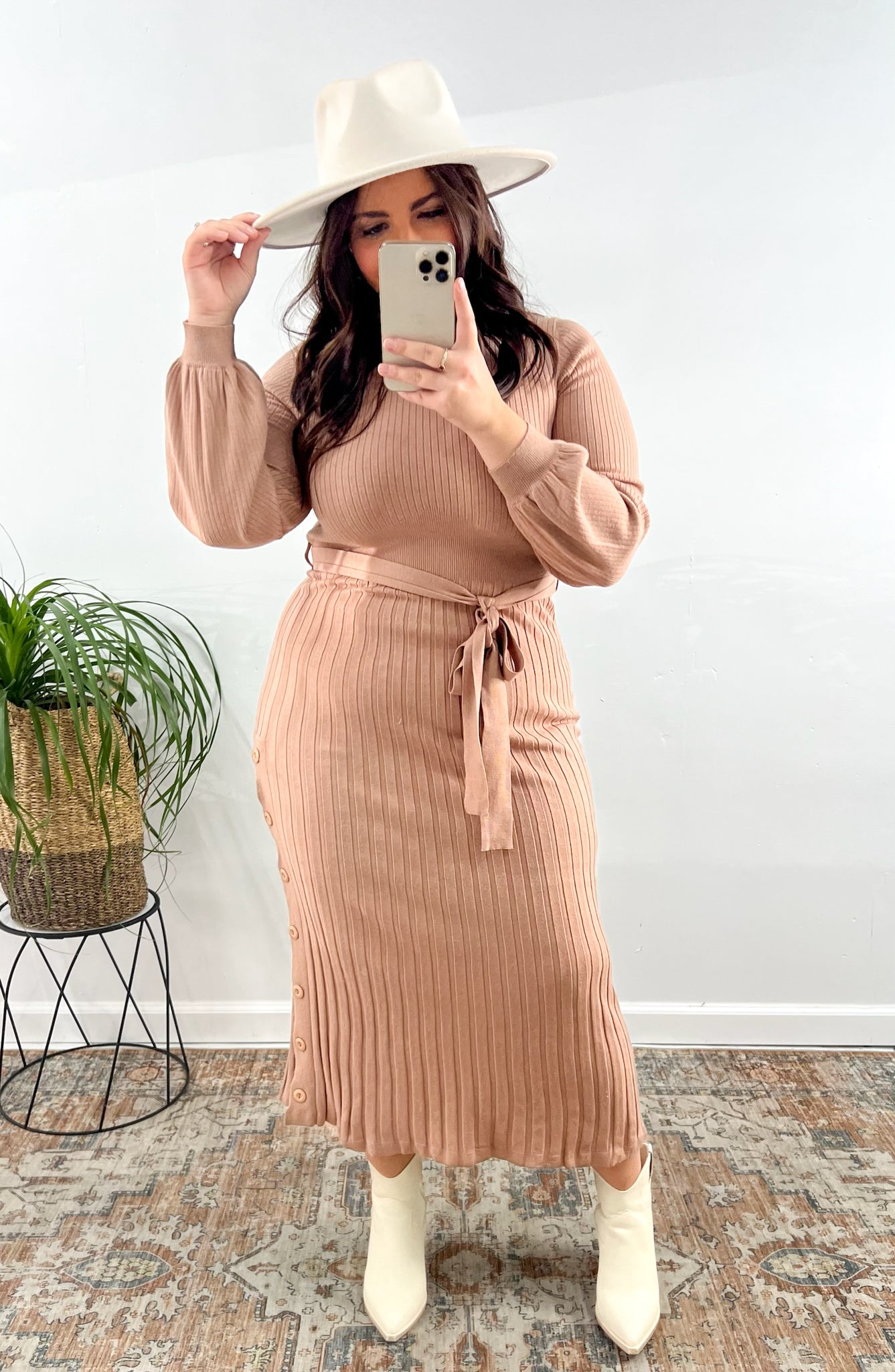 Mauve Tie-Waist Ribbed Sweater Dress – Nora Gray