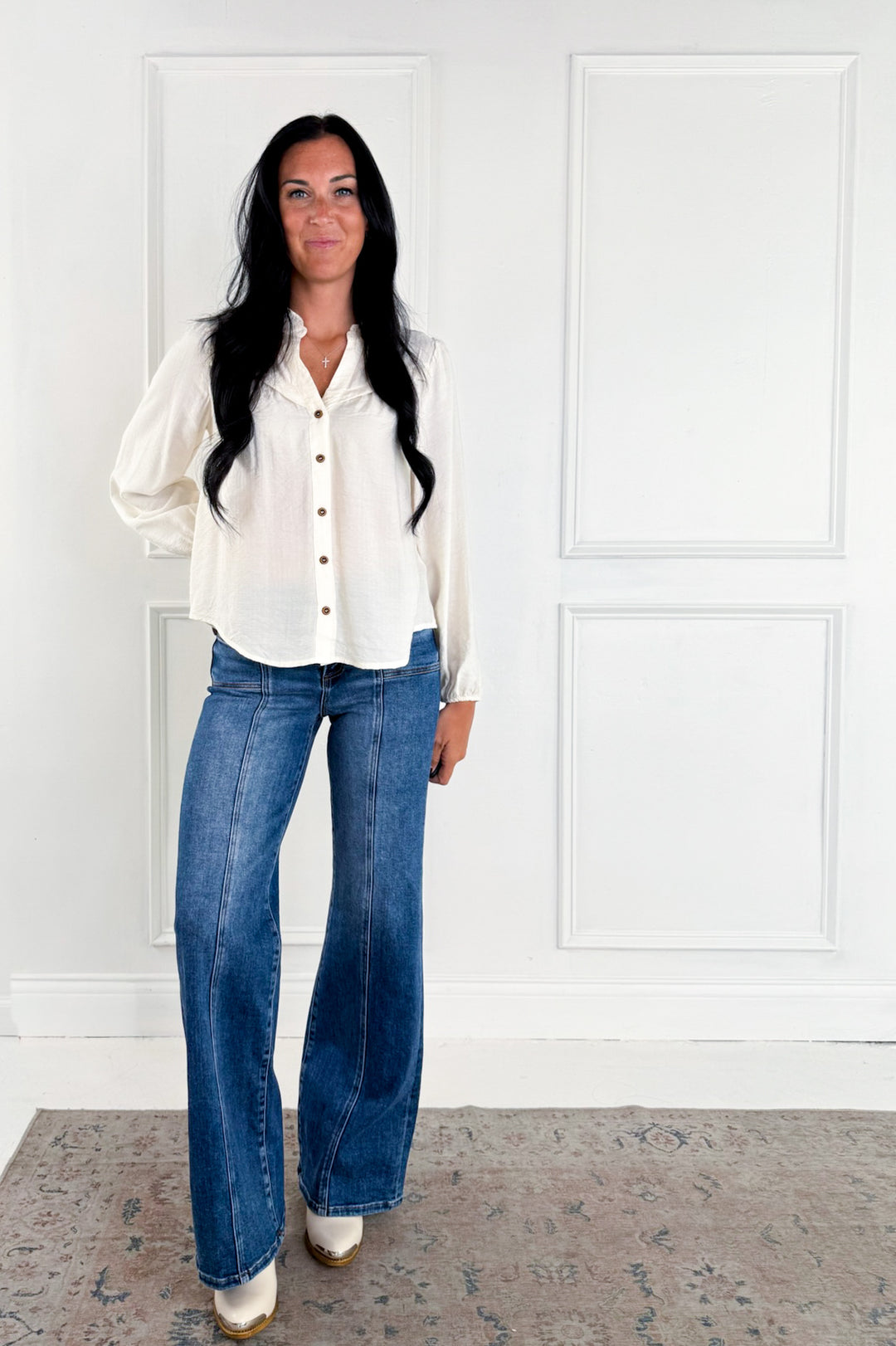 Ruffle Neck Button Down Long Sleeve Top