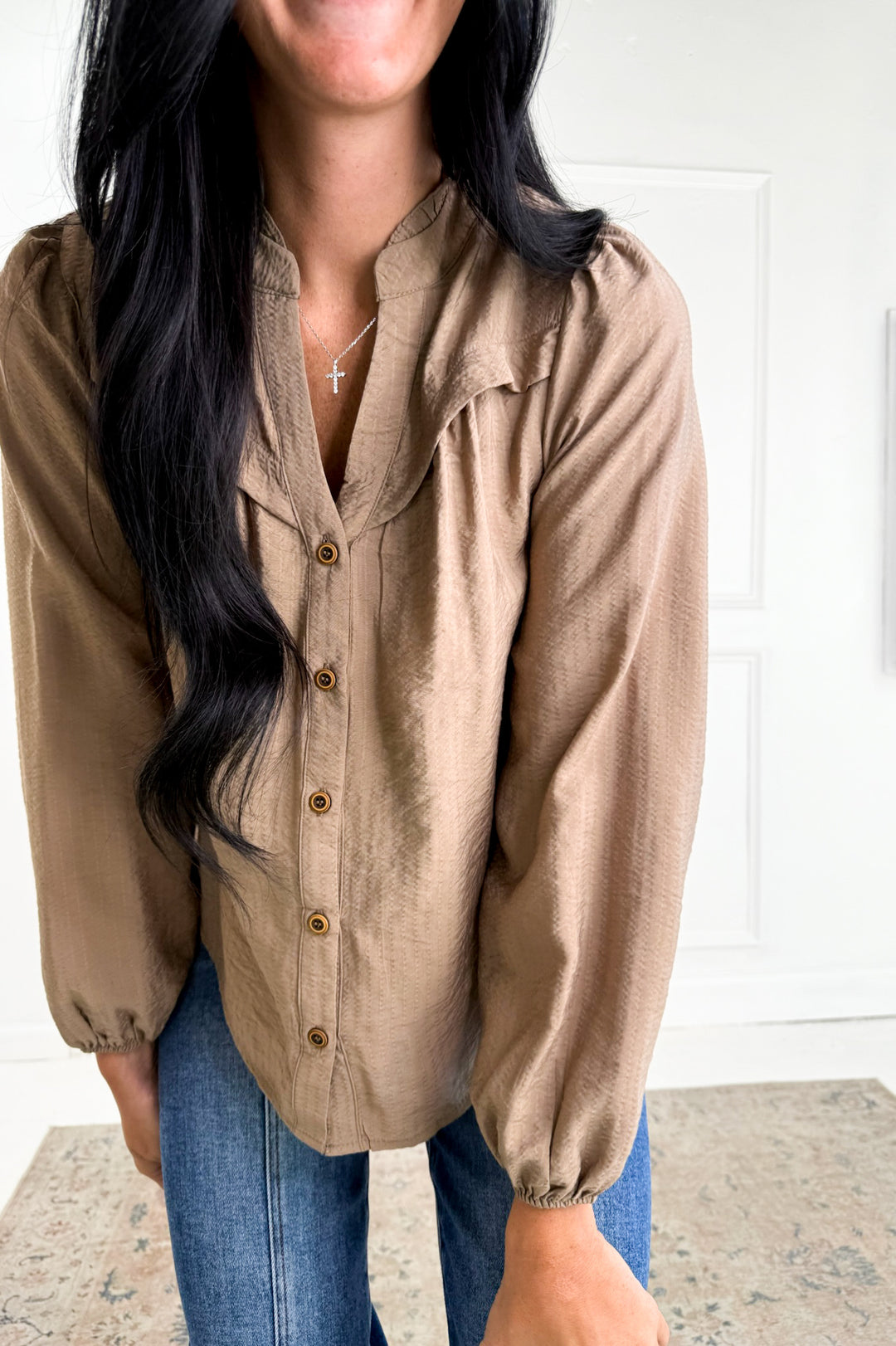 Ruffle Neck Button Down Long Sleeve Top