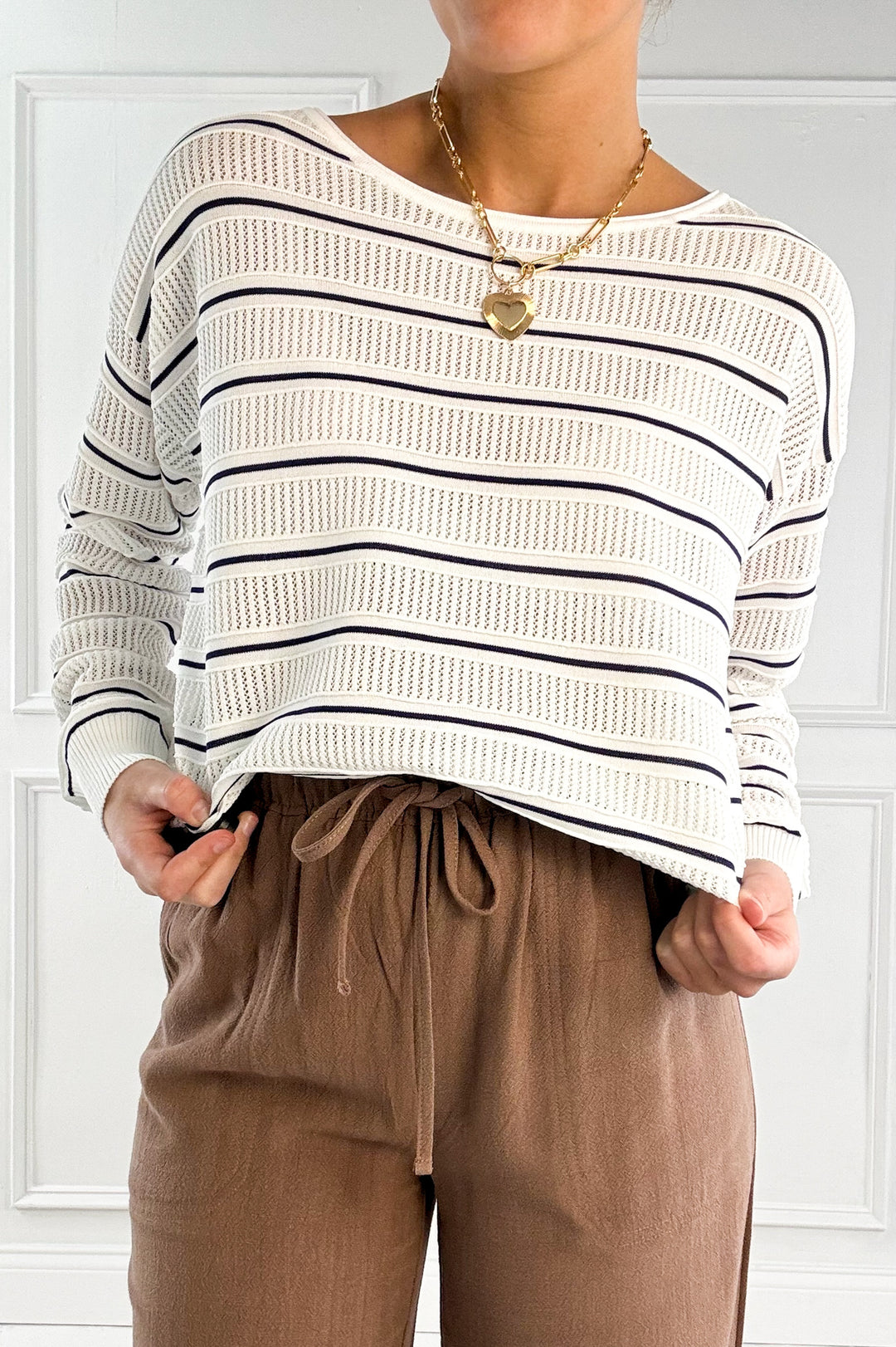 Open Weave Pointelle Striped Crewneck Sweater