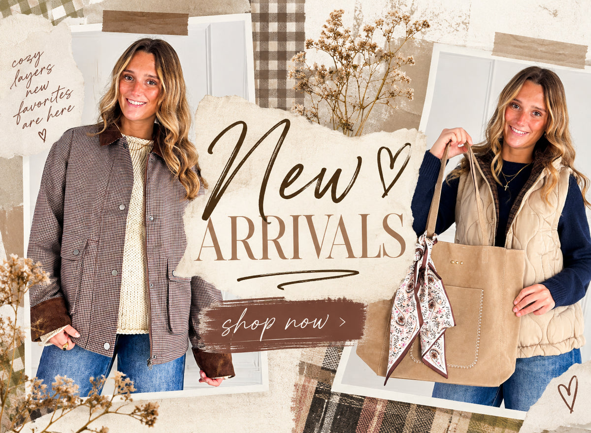 Shop new arrivals at Nora Gray: cozy fall layers, a checked jacket, quilted vest, jeans, and a tote bag.