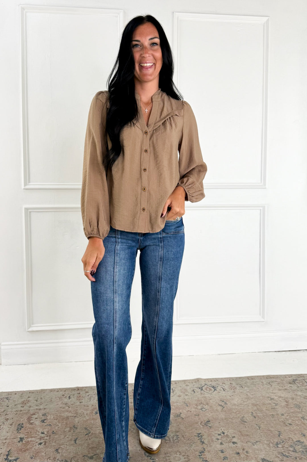 Ruffle Neck Button Down Long Sleeve Top