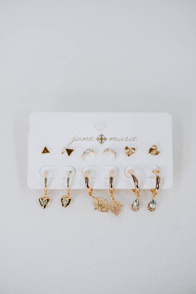 6 Pc Gold Stud & Hoop Earring Set |18K Gold Plated