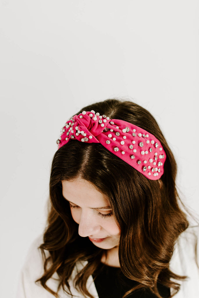 Pearl Crystal Knotted Headband | Hot Pink