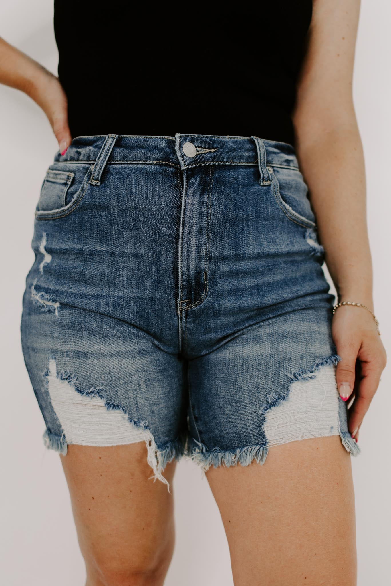 Load image into Gallery viewer, Cami Mid Thigh Distressed Shorts | Risen
