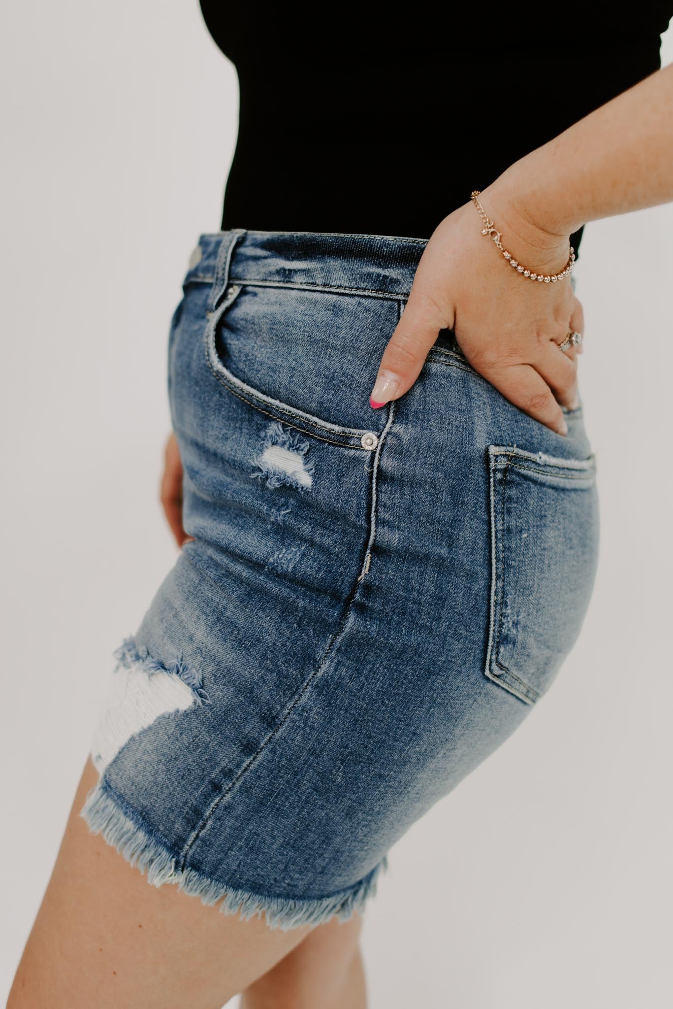 Cami Mid Thigh Distressed Shorts | Risen