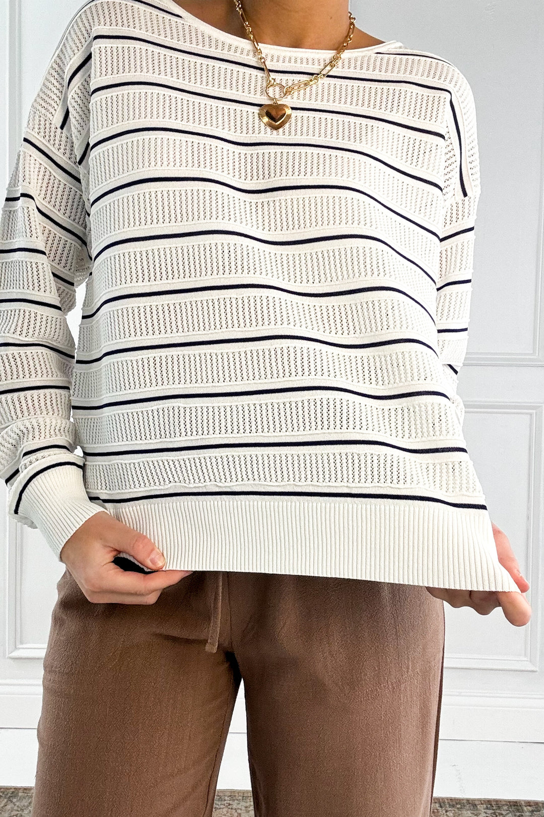 Open Weave Pointelle Striped Crewneck Sweater