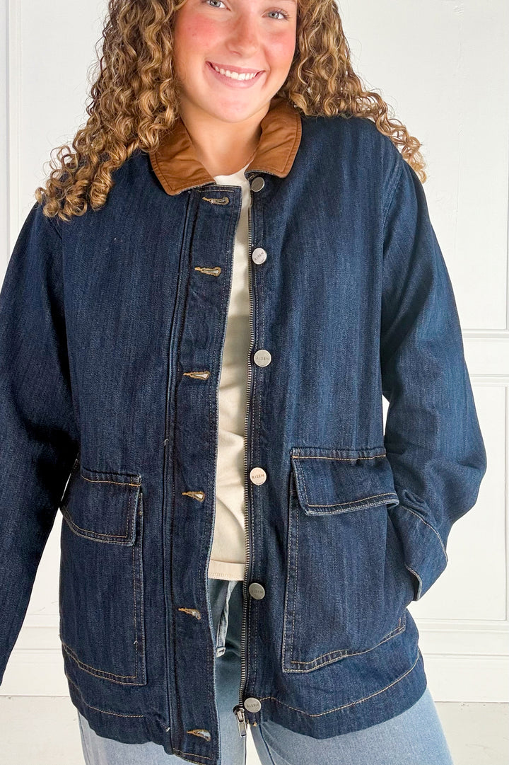 Leather Collar Oversize Denim Jacket