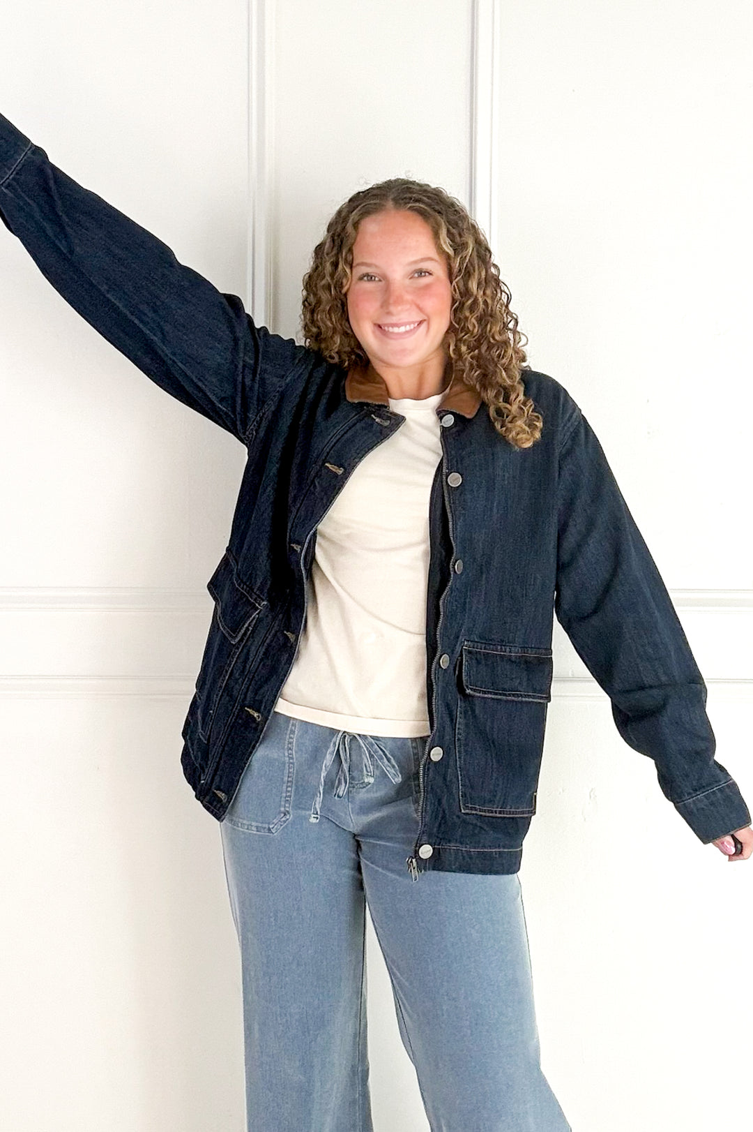 Leather Collar Oversize Denim Jacket