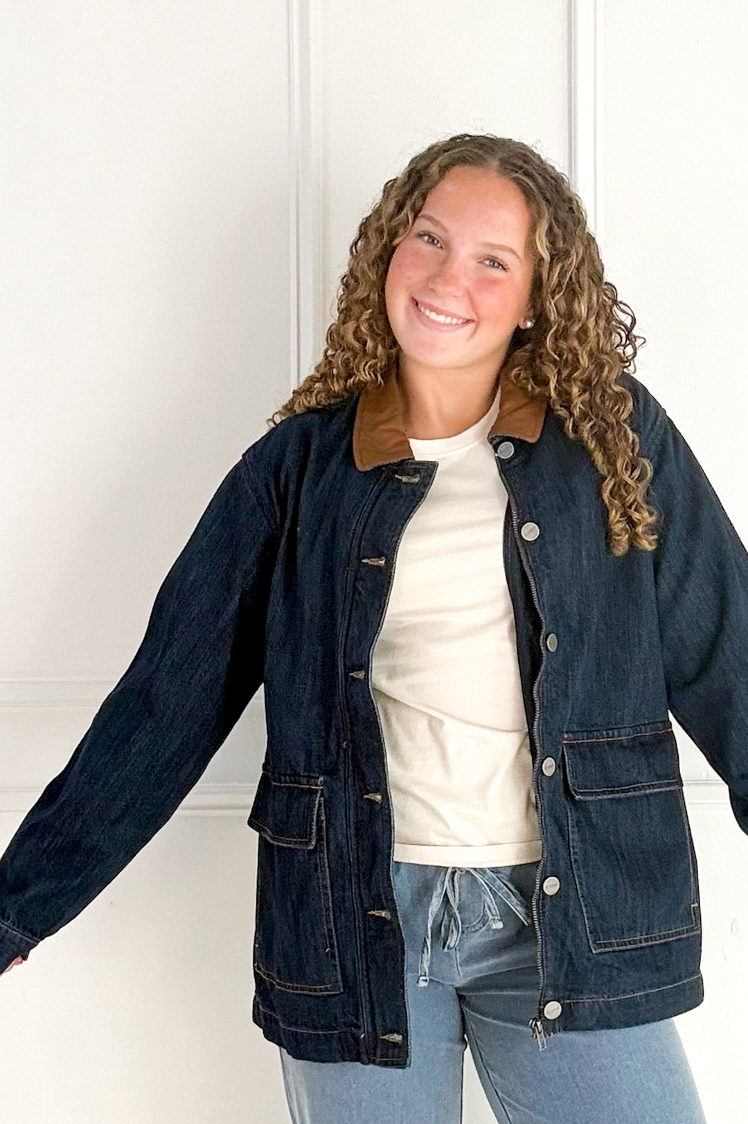 Leather Collar Oversize Denim Jacket