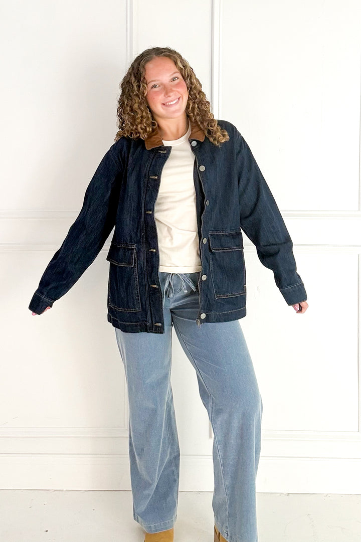 Leather Collar Oversize Denim Jacket