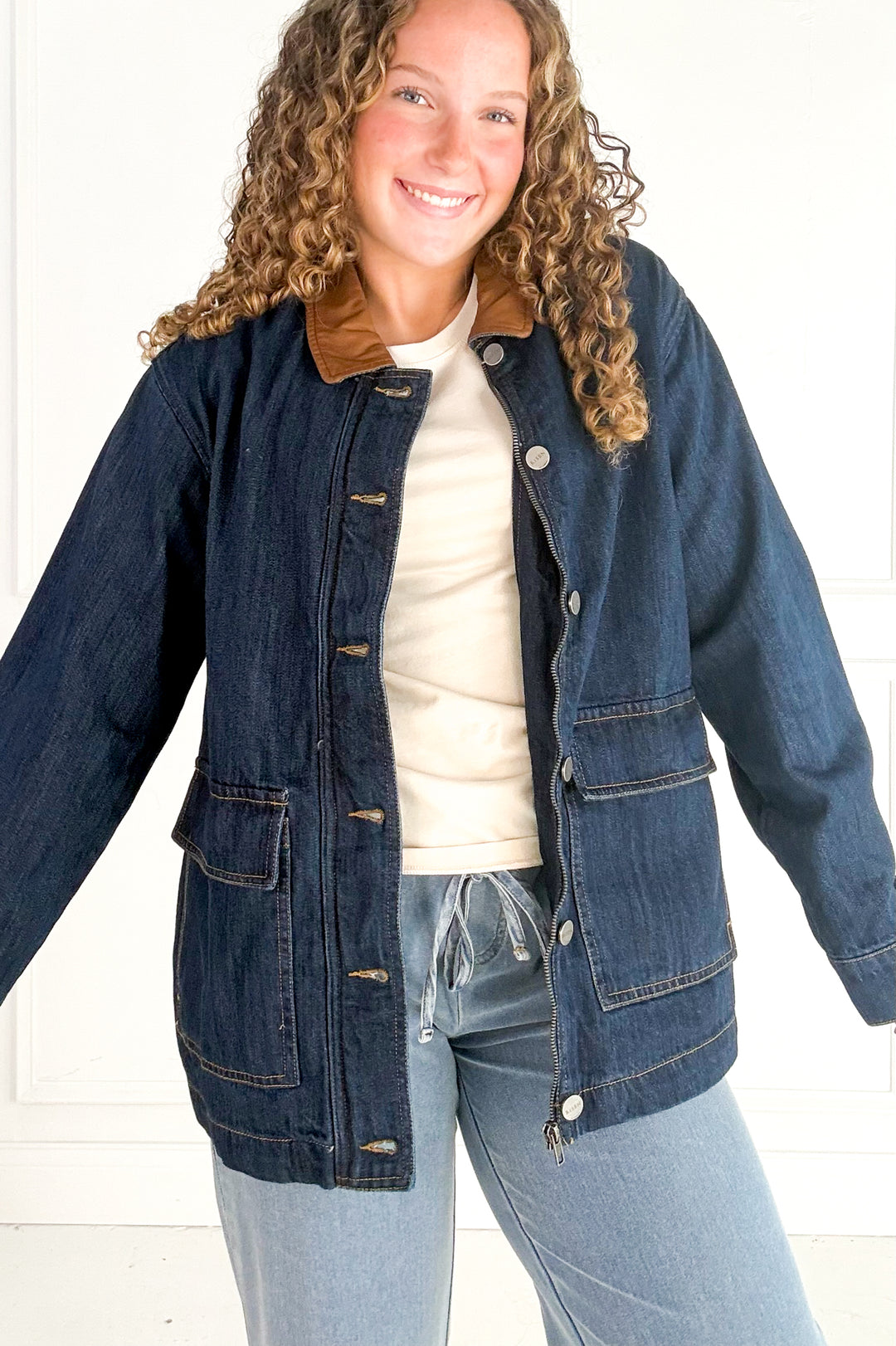 Leather Collar Oversize Denim Jacket