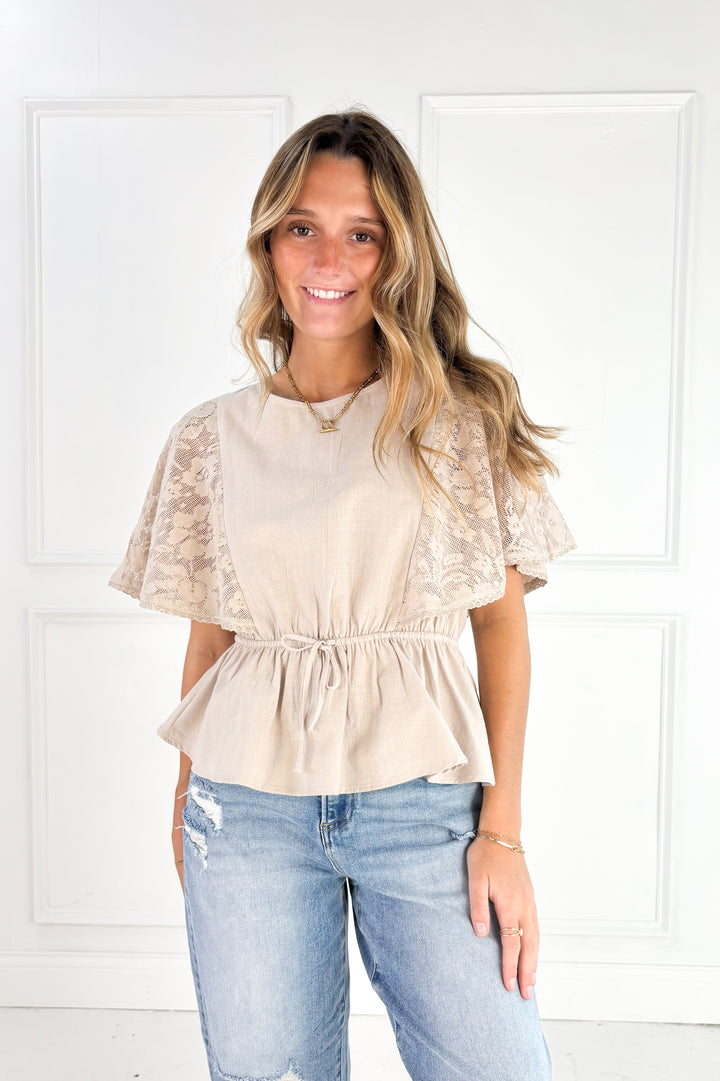 Lace Cape Sleeve Cotton Peplum Top
