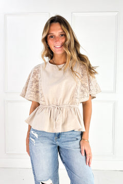 Lace Cape Sleeve Cotton Peplum Top