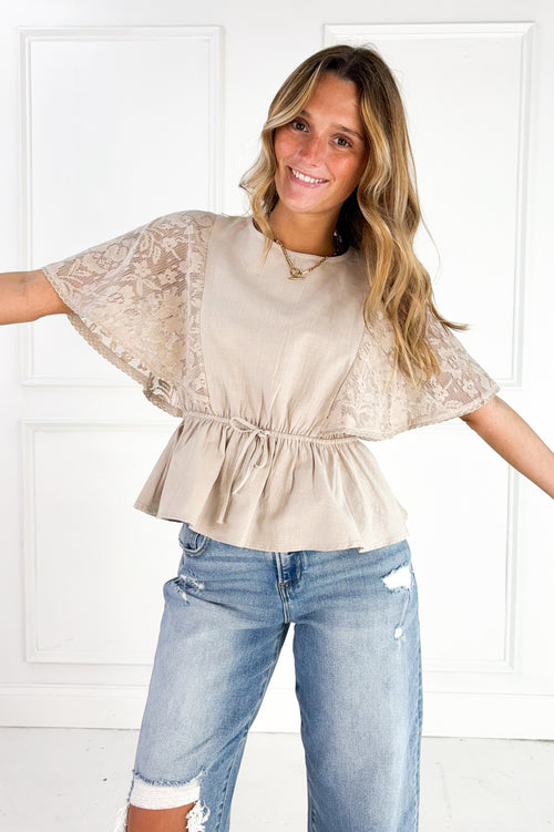 Lace Cape Sleeve Cotton Peplum Top