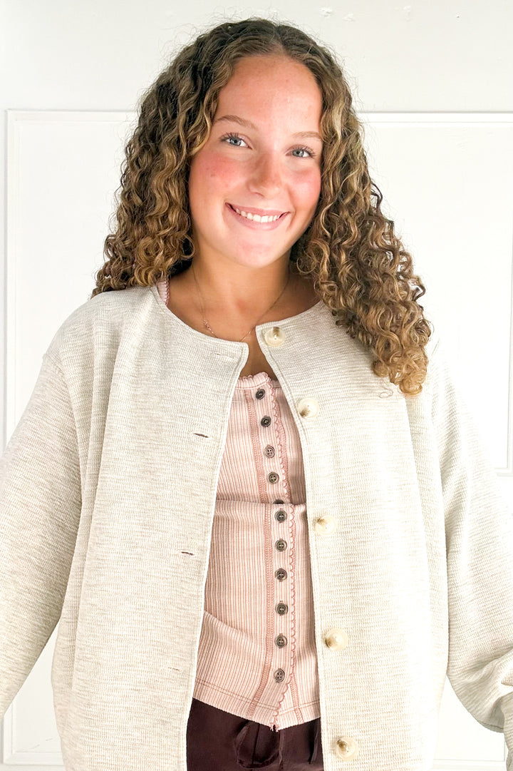 Round Neck Long Sleeve Barrel Hem Jacket