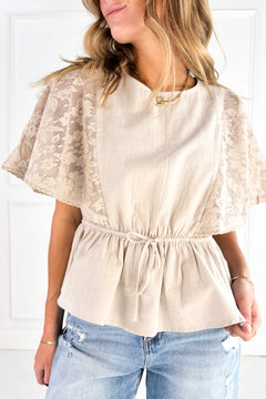 Lace Cape Sleeve Cotton Peplum Top