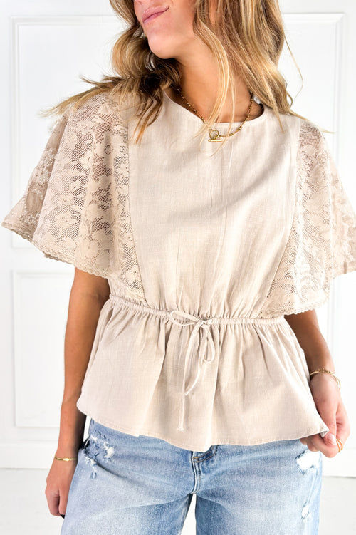Lace Cape Sleeve Cotton Peplum Top