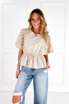 Lace Cape Sleeve Cotton Peplum Top