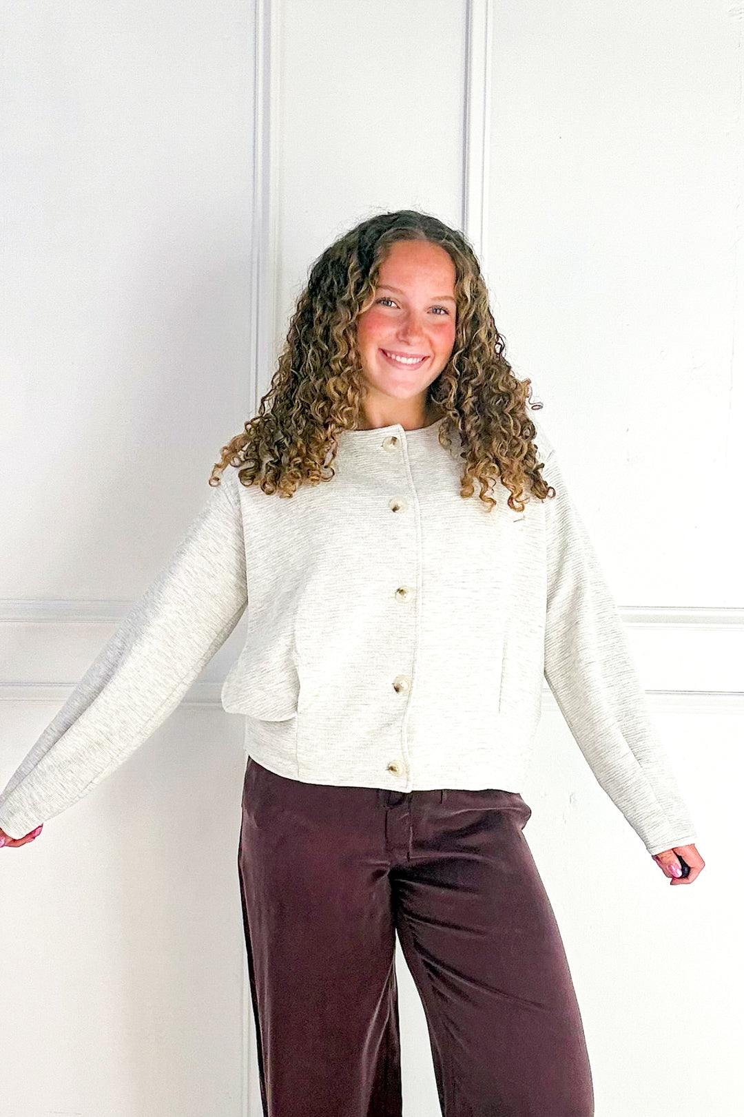 Round Neck Long Sleeve Barrel Hem Jacket